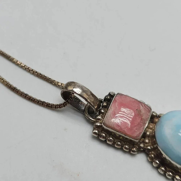 Sterling Silver Pendant Necklace With Blue Larimar Pink Rhodochrosite Stones - Picture 6 of 8